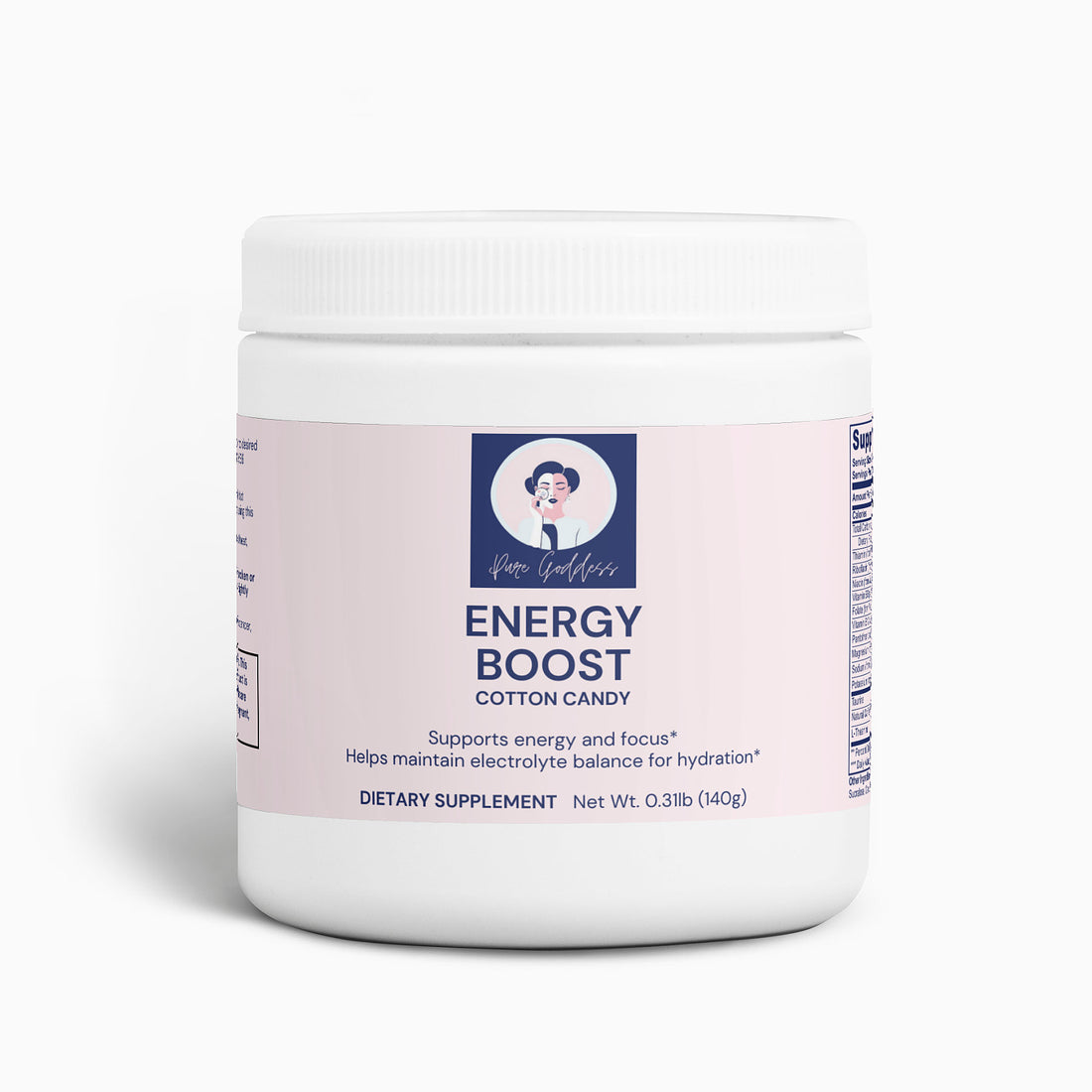 Cotton Candy Energy Boost powder in a white container for balanced, sustained energy and focus, sugar-free formula for workouts or busy days.