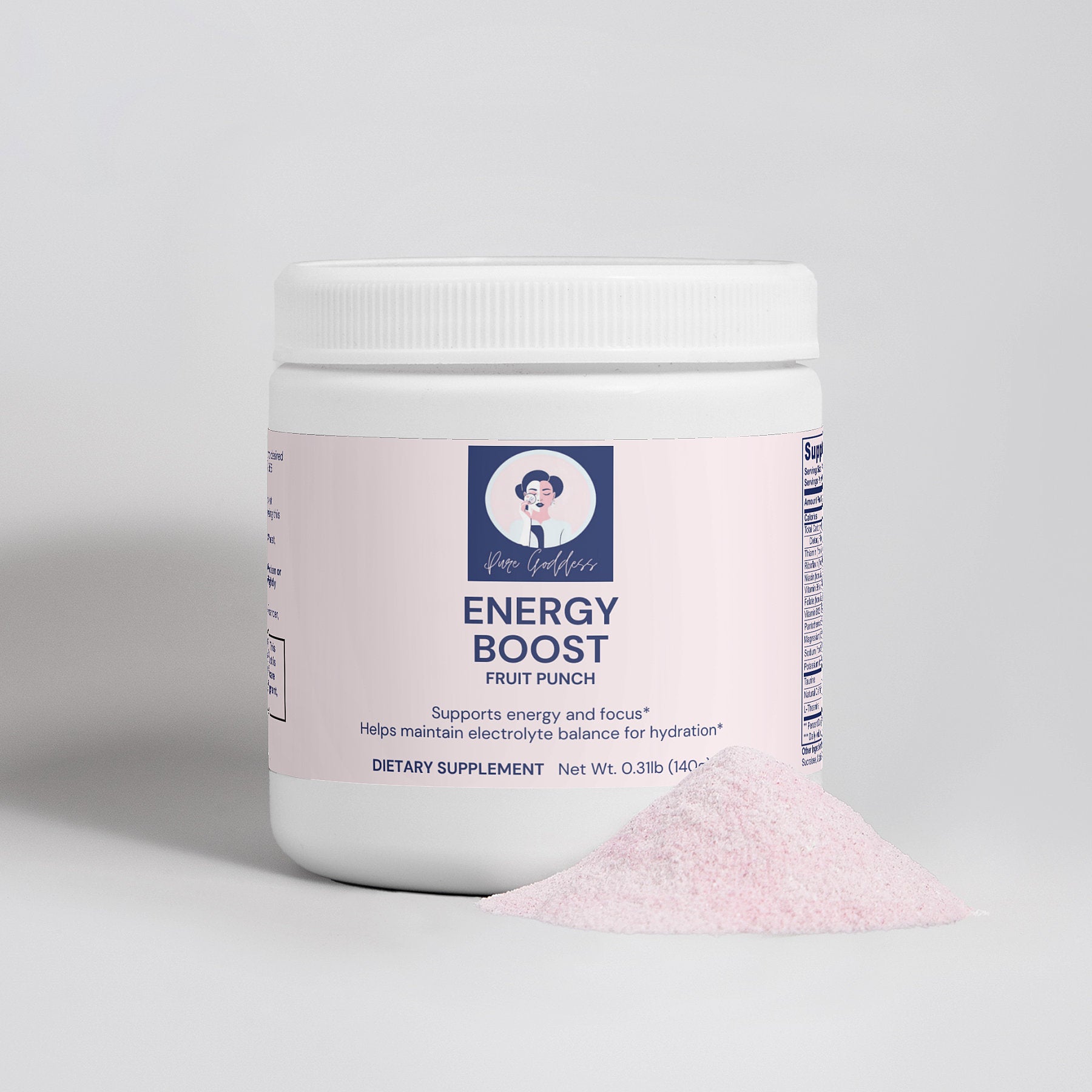 Fruit Punch Energy Boost Powder for sustained energy and focus in a tub, displayed with a serving of the powder.