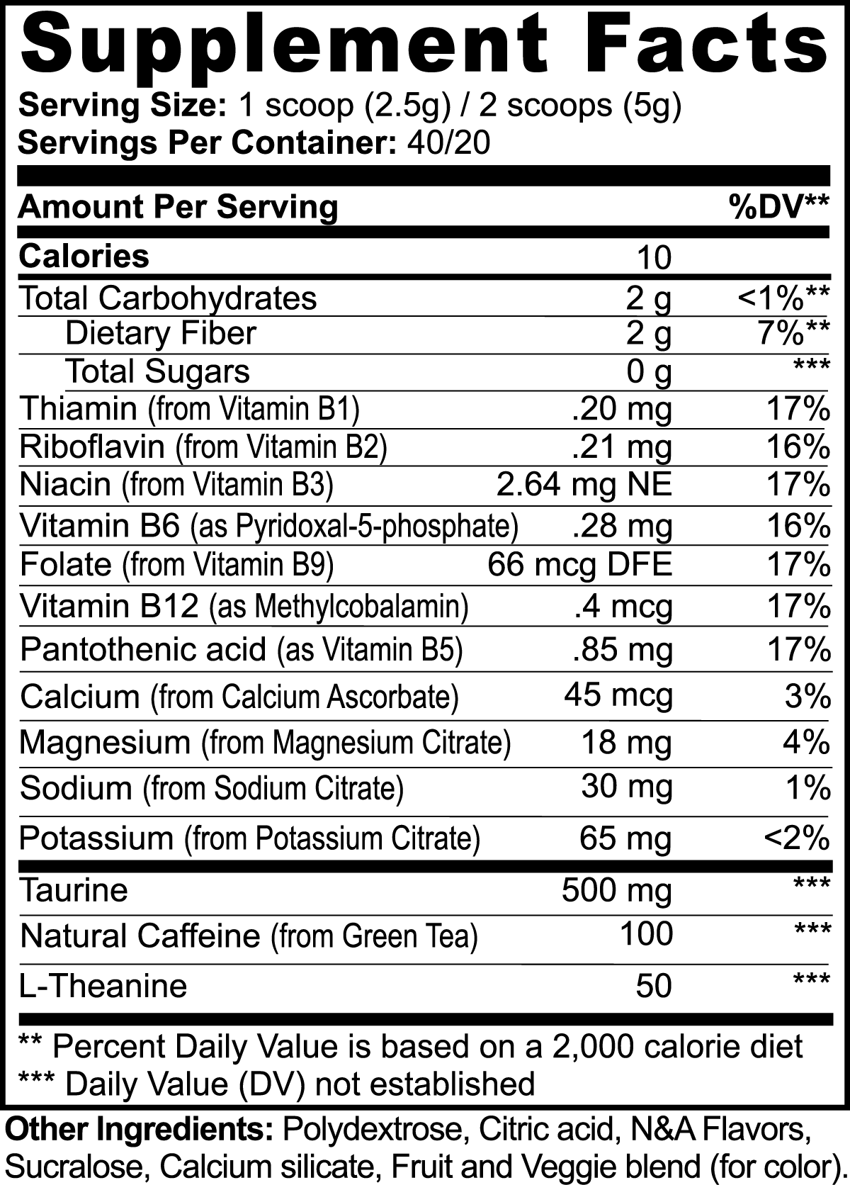 Supplement facts label for Fruit Punch Energy Boost, showing serving size, calories, vitamins, and other ingredients like L-Theanine and Taurine